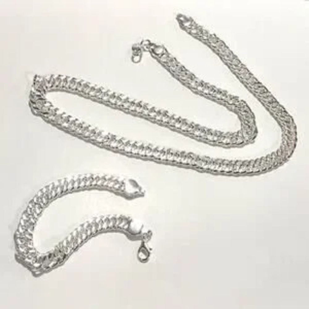925 Silver Plated Necklace Bracelet Set Sterling THICK 10mm Double Valentine's